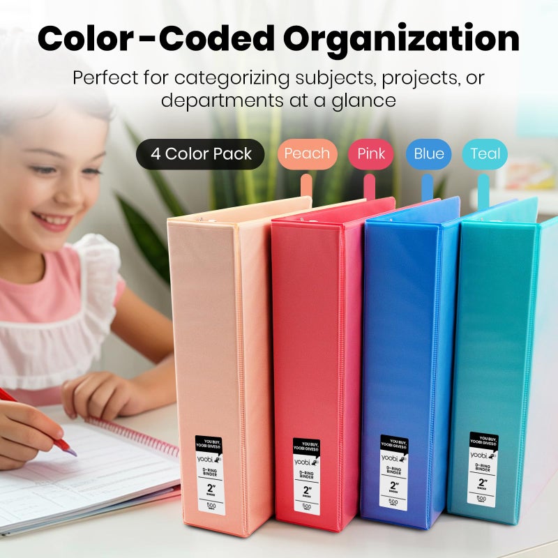 Yoobi 3 Ring Binders - 2 Inch Binder with Round D Rings and 2 Pockets, Durable, PVC-Free Organizer with 500 Sheets Capacity, 4- Pack Colored Binders with Plastic Cover for Office Supplies - Image 3